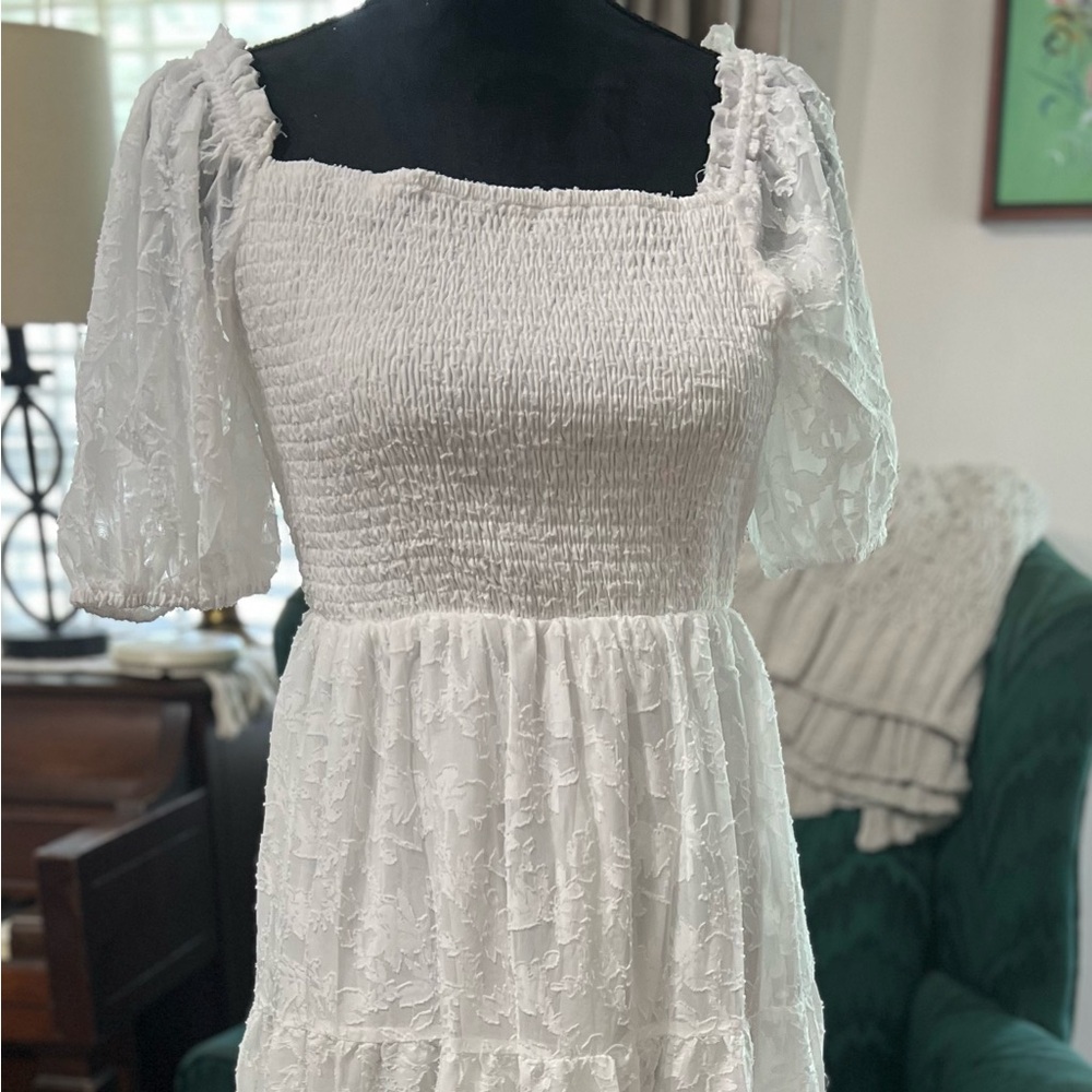 Elegant White Lace Smocked Maxi Dress